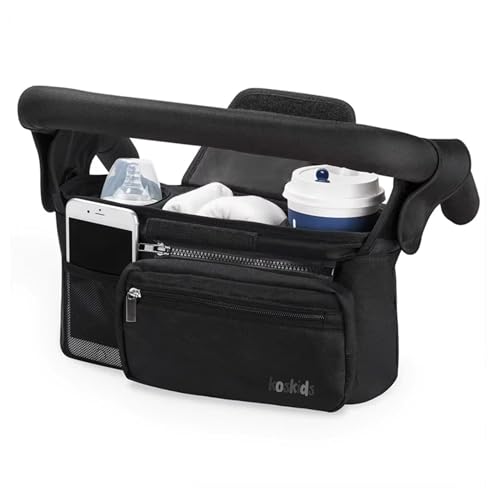 Image of Koskids Universal Stroller Organizer with Insulated Cup Holder, Detachable Phone Bag, Shoulder Strap – Fits All Stroller Types, Keeps Drinks Hot/Cold (Black)