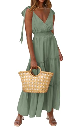Image of PRETTYGARDEN Women's Cross Neck Summer Sleeveless Tiered Maxi Dress Beach Tie Strap Smocked Long Dresses Pleated Sundress