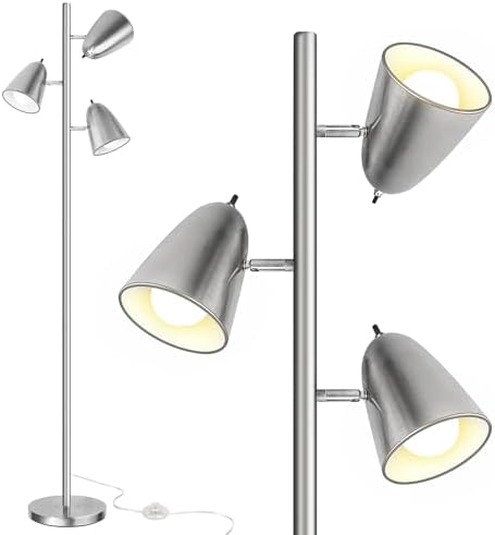 QiMH Tree Floor Lamp with 3 Light Bulbs, Standing Tall Pole Lamps for Living Room Bedroom Office, Reading Stand up Lamps with 3 Adjustable Arms,Brushed Nickel