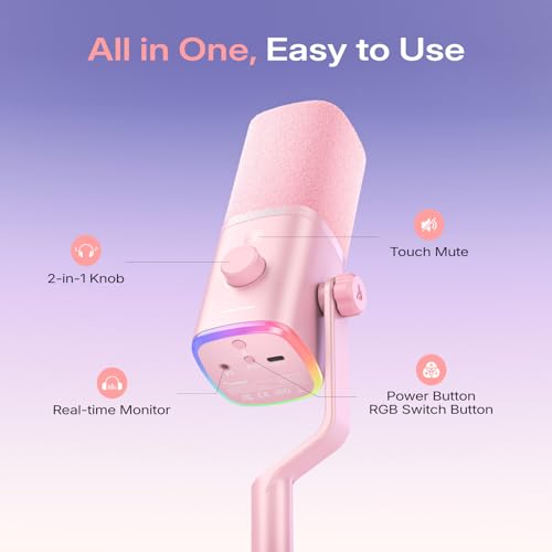 Image of MAONO PD100W Wireless USB Dynamic Microphone, Gaming PC Mic with One-Click Noise Reduction,Mute Button,Custom RGB,3.5mm Headphone Jack,Software,Podcast Streaming Mic (Boom Arm(USB-C Receiver), Pink)