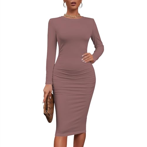 Women's Fall Fashion Sexy Slim Pleated Long Sleeve Dress Basic Round Neck Work Office Pencil Skirt Club Party Dresses