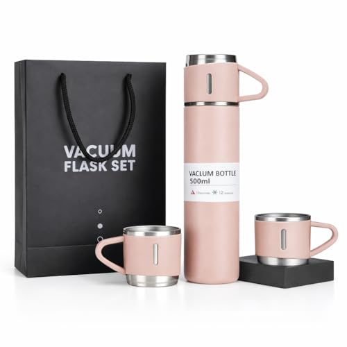 Image of Stainless Steel Vacuum Insulated Bottle Set 500ml with 2 Cups Combo Leak Proof Water Flask Bottle for Tea Coffee Water Travel School Office Corporate Gifts Pink Simple - Not a Thermos