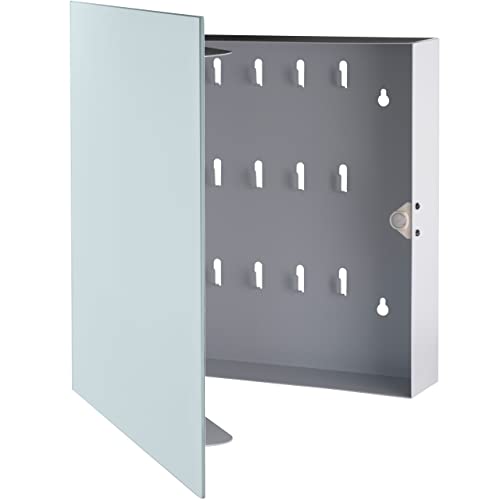 BALOU Schlüsselkasten modern mit Glas Magnettafel - Memoboard magnetisch mit 6 Magneten und Stift - Schlüsselschrank groß mit 20 Haken 33x33x6,8cm milchglas Weiss
