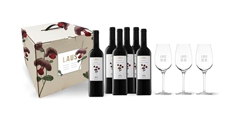 LAUS Reserva - Tinto Cabernet Sauvignon - D.O. Somontano - 6 Botellas 75 cl - Edición Limitada - 6 Copas y Maletín de Regalo - Reposo en Barrica de Roble Mixta - Vino Vegano