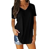 夏服 レディース トップス ゆったり 韓国 おしゃれ yueewhu 半袖 tシャツ 無地 カットソー vネック カットソー 大人 透けない ブラウス ロングT ファッション 人気 チュニック 品 清楚 お尻カバー 春 夏 カジュアル 体型カバー(ブラック,M)