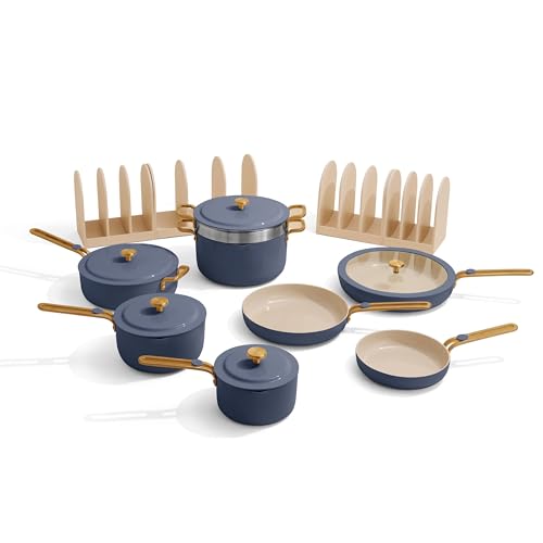 Our Place 17-Piece Essentials Complete Cookware Set - Ceramic Fry Pans, Saucepans, Sauté Pan, Stock Pot, Strainer Basket & Modular Storage | Thermakind™ Nonstick, Oven Safe up to 230°C | Blue Salt