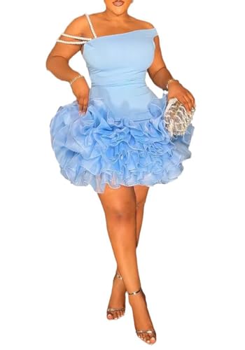 Image of Women's Mini Tutu Dress Sexy Bodycon Sleeveless Off Shoulder Solid Ruffles Lace Layered Hem Party Cocktail Dresses