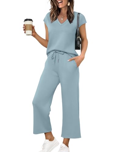 Image of Saloogoe Two Piece Sets for Women Summer Outfits Lounge Sets V Neck Tops Wide Leg Pants Woman Vacation Travel Outfits