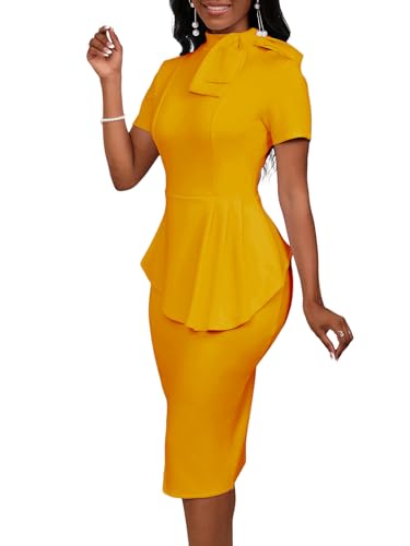 Image of WanMem Women Formal Bodycon Peplum Cocktail Dress Short Sleeve Bow Ruffle Pencil Party Midi Dresses