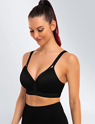Zerobound Women's Sports Bra High Impact Lightly Lined Underwire V Neck Full Figure Running Workout Bras Black #TOP1