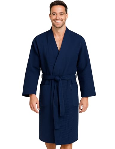 Morgenstern Waffelpique Bademantel Herren Morgenmantel Blau leicht Männer Duschmantel Kimono Waffeloptik Dunkelblau Baumwolle dünn kurz Größe XL