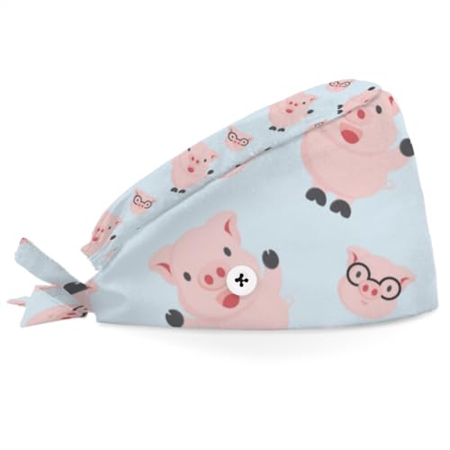 Tavisto Bouffant Scrub Caps Printed Working Surgical Cap Intelligent Pig Nurse Hats with Buttons and Sweatband Adjustable Tie Back Hat for Women Men Multi Color
