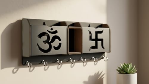 Image of Wooden Key Holder for Wall with Om & Swastika Design | 7 Metal Hooks & Dual Mail Organizer Pockets | Wall Mount Key Hanger & Letter Stand for Home Decor, Entryway, Office & Living Room Matte Black
