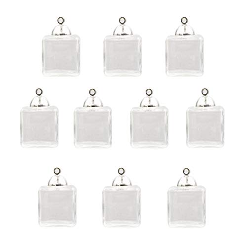 ZenRa 10-Piece Cute Cube Glass Vial Set with Cap Handmade Glass Pendant Supply (Silver Cap 15mm)