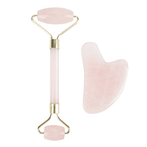 Cilnvenie Rose Quartz Jade Stone Rouleau de Massage et Plaque de Mise au rebut Kit d'outils de Massage du Visage Convient pour Le Massage du Visage Cover