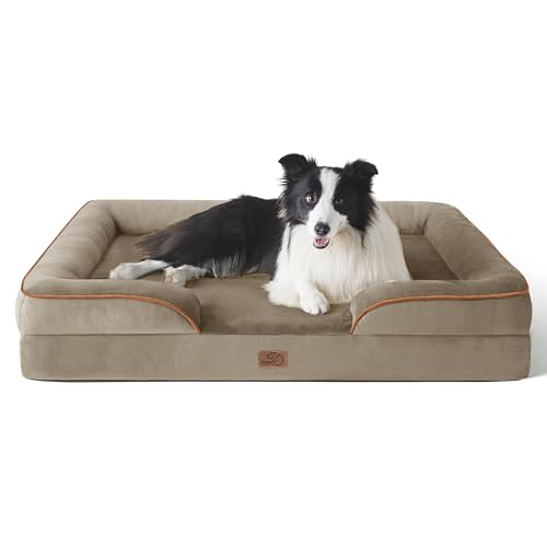 Bedsure Sofá Perro Ortopédica Grande - Cama Perro Desenfundable y Lavable, Colchon Perro con Forro Impermeable y Espuma Viscoelastica, Marrón Claro, L
