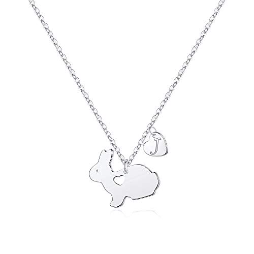 Yoosteel Rabbit Necklaces Gifts for Girls, 14K White Gold Plated Personalized J Initial Necklace Dainty Heart Necklace Cute Animal Bunny Pendant Necklaces Jewelry Gifts for Girls