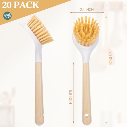 Image of Patelai 20 Pack Kitchen Dish Brush with Wooden Handle Scrub Brush Built in Scraper 9.3'' Tough Bristles Medium Handle Dish Scrubber for Pans Kitchen Sink Cleaning Dishwashing