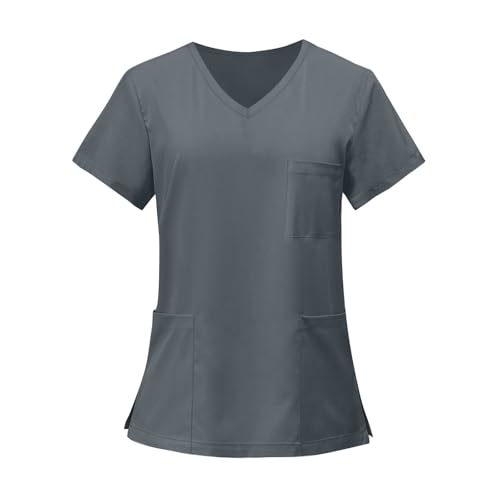 Image of FONMA Scrub Tops Women Plus Size Stretchy V-Neck Scrub Shirts with 4 Pockets Breathable Short Sleeve Nurse Uniforms