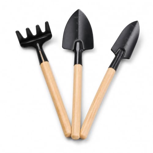 Xvnoesza 3Pcs Mini Gardening Tool Set with Wooden Handles Includes Small Hand Rake and Spade Ideal for Bonsai and Potted Plants Care