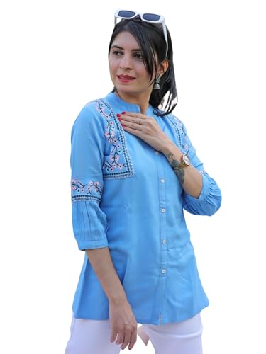 Image of Women's Viscose Rayon Embroidered A-Line Short Kurti Above Knee Regular Fit Tunic Top Office Wear Casual short kurti for women | office wear top | A-line kurti | raksha bandhan gift dress for women