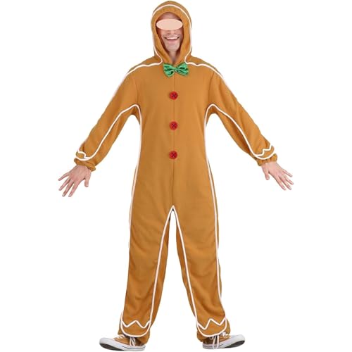 Muineobuka Adults Christmas Gingerbread Man Costume Hooded Jumpsuits Gingerbread Cosplay Costume One Piece for Women Men
