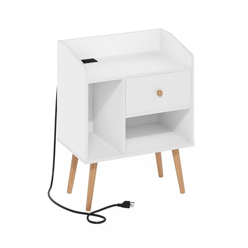 Image of Furinno Claude Mid Century Style End Table, Side Table with USB and Type-C Charging Station, White