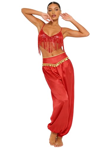 Disfraz de danza del vientre rojo talla M con falda corta y pantalón árabe