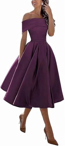 Image of Knee-Length Satin Off Shoulder Homecoming Dress Short Prom Cocktail Party Dress for Junior