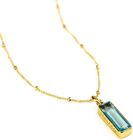 Adira Series Vertical Pendant Gemstone Bar Necklace, Personalized with Name or Birthdate, Custom Birthstone Necklace (Blue Topaz)