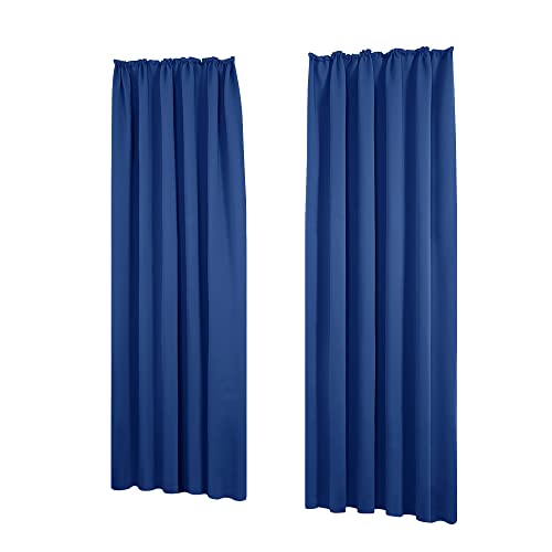 Deconovo Set of 2 Blackout Curtains with Ruffle Tape Acoustic Protection Cold Protection 260 x 140 cm (H x W) Royal Blue