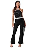 Nyeemya Mono Lentejuelas de Baile para Mujer Pantalones de Campana con Flecos Maillot Danza de sin Mangas Traje de Baile Latino Salsa Chachachá Disco S-xxl Negro M