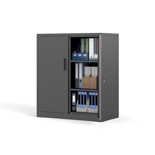 GOPLUS Armario de Almacenamiento Metálico, Armario Independiente para Herramientas con 2 Puertas con Cerradura y 2 Estantes Ajustables, Archivador para Salón, Oficina, Cocina, 80 x 40 x 91 cm