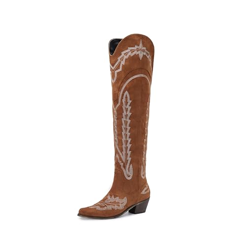 Image of olomisa Over the Knee Cowboy Boots for Women Embroidery Cowgirl Boots Chunky Heel Side Zipper Boots Thigh High Western Boots
