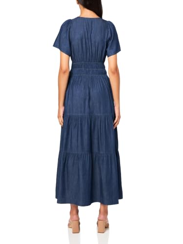 Image of Tommy Hilfiger Women's Short Sleeved Ruched Waist Denim Tiered Midi Dress