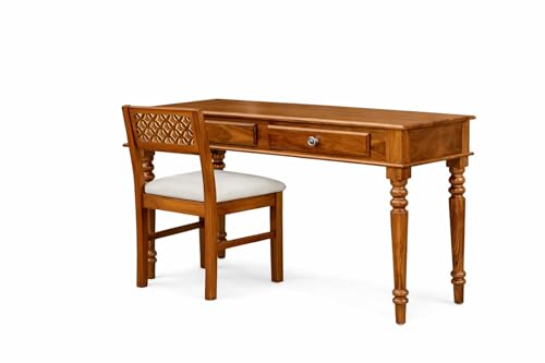 Image of Solid Sheesham Wood Two Drawer Study Table with Chair | Students Reading & Writing Table | Laptop & Work from Home Table (Honey Brown)