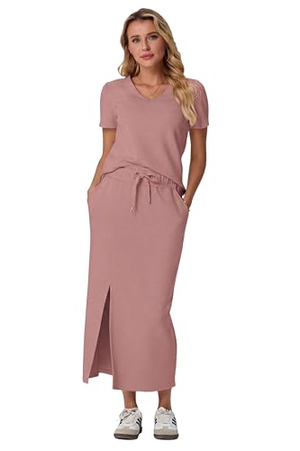 Image of GRECERELLE Women Summer Casual 2 Piece Sets V-Neck Wrinkle-Free Top & Elastic Waist Midi Side Slit Skirt with Pockets