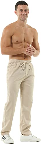 HOEREV Men Casual Strandhosen Leinen Hose- Gr. L (Taille 36-38 zoll), Beige