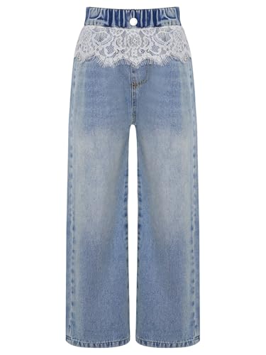 TiaoBug Kids Girls Lace Trim Elastic Waist Wide Leg Jeans Pants Vintage Casual Loose Denim Trousers Cowboy Bottoms3
