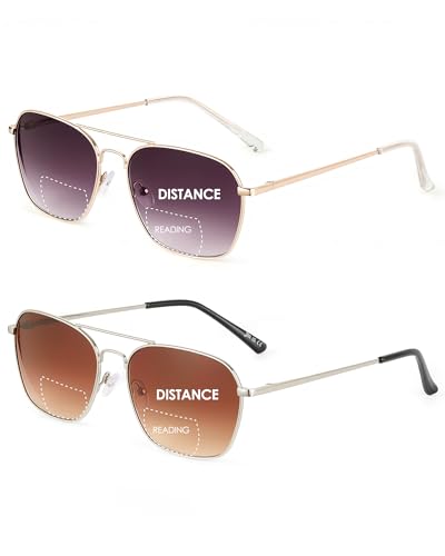 JM Paquete de 2 gafas de sol bifocales cuadradas para leer, con montura metálica, para mujer y hombre, 1.50 (doradas y plateadas)