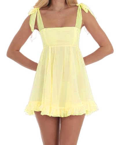 Image of Women Y2k Tie Shoulder Mini Dress Sleeveless Flowy Babydoll Dress Boho Floral Aline Short Sundress