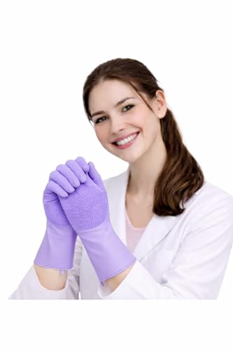 Image of Gloves Magic Silicone Dish Washing Gloves, Silicon Cleaning Gloves, Silicon Hand Gloves for Kitchen Dishwashing and Pet Grooming, Great for Washing Dish, Car, Bathroom (Purple)