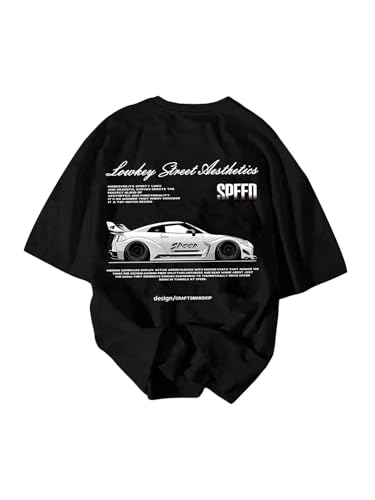 RoseSeek Mens Graphic Car Print Tees Letter Crewneck Short Sleeve T Shirts Streetwear Tops Y2K Summer Tops Black Medium