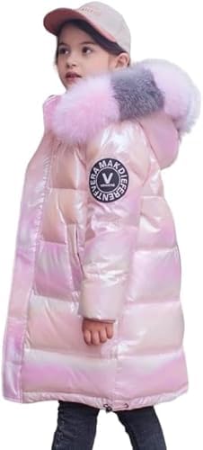Lengender Abrigo de Plumas Superficie Brillante Chaqueta Térmica Niñas Invierno Otoño Capucha Abrigo de Piel Artificial Chaqueta Deportiva Esquí (120, Rosa)
