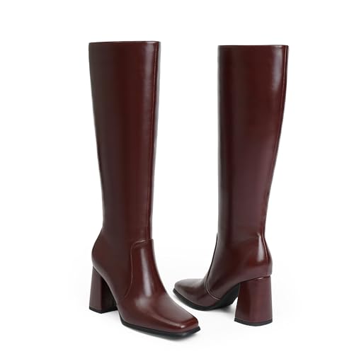 Modatope Burgundy Knee High Chunky Heel Boots Square Toe Tall Boots for Women Block Heel Side zipper Fall Boot Women Size 8