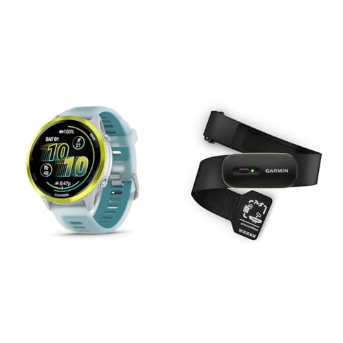 Image of Bundle of Garmin Forerunner 570, 47mm, GPS Running Smartwatch, AMOLED Display, Training and Recovery Features, Amp Yellow Aluminum with Translucent Whitestone /Turquoise Band + Garmin HRM 600 M-XL