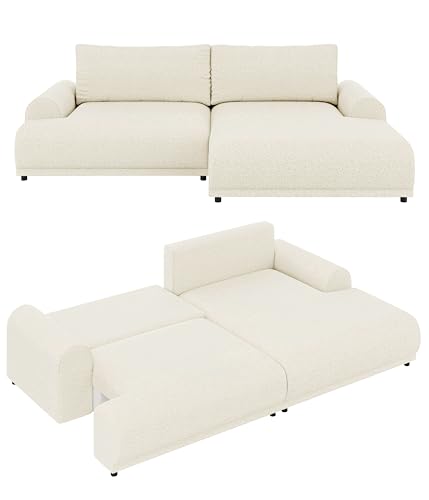 Modernes Ecksofa mit breiter Ottomane rechts, Schlaffunktion Gästebett inkl. Bettkasten, Wellenunterfederung, B240/T145/H81 cm, Liegefläche 130x196 cm, Bezug m.Bouclé-Charakter in Beige Creme / 21027