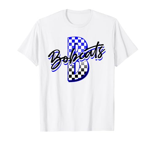 Bobcats Checkered Print Mascot School Spirit Blue Bobcat T-Shirt