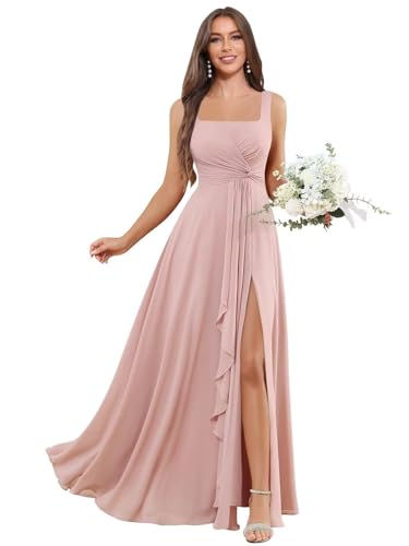 Chiffon Bridesmaid Dresses for Women - Square Neck A Line Pleated Slit Formal Evening Dress with Pockets
