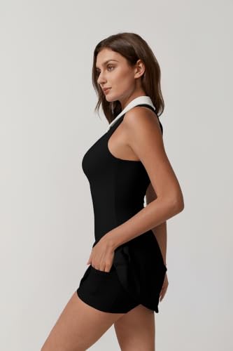 Image of QINSEN Womens Zip Front Tennis Dress Polo Collar Racer Back Workout Golf Dresses Build in Shorts with Pockets